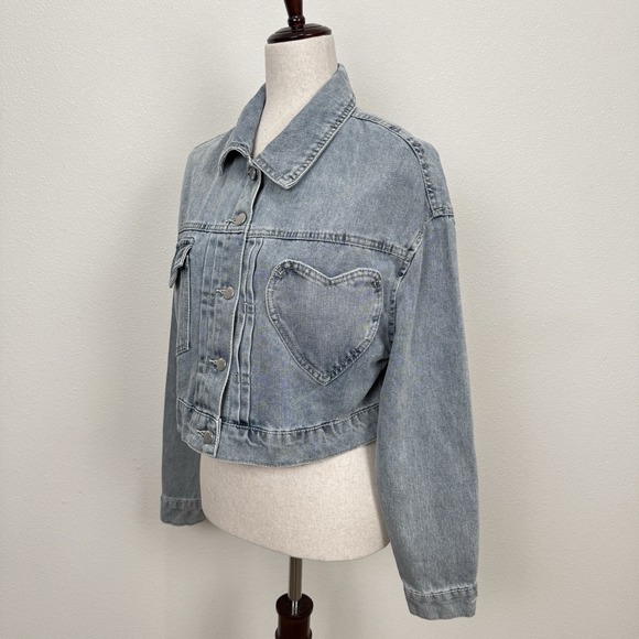 Ashley Vintage Charm Jacket Womens Small Blue Crop Heart Patch Y2K Light Denim - Picture 5 of 11